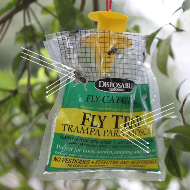 Hanging Fly Trap Bag with Bait – Disposable, Non-Toxic Insect Catcher for Outdoor Use
