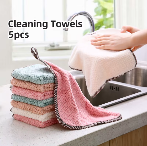 5PCS Soft Reusable Dish Towels – Absorbent Coral Fleece Cleaning Rags